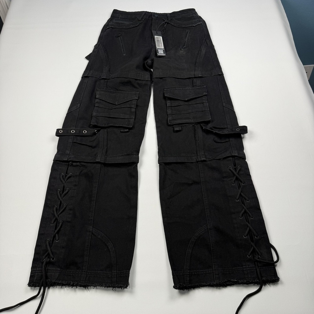Rockstar Original Cargo Pants Mens 30x34 Black Baggy Wide Leg Lace Up Straps